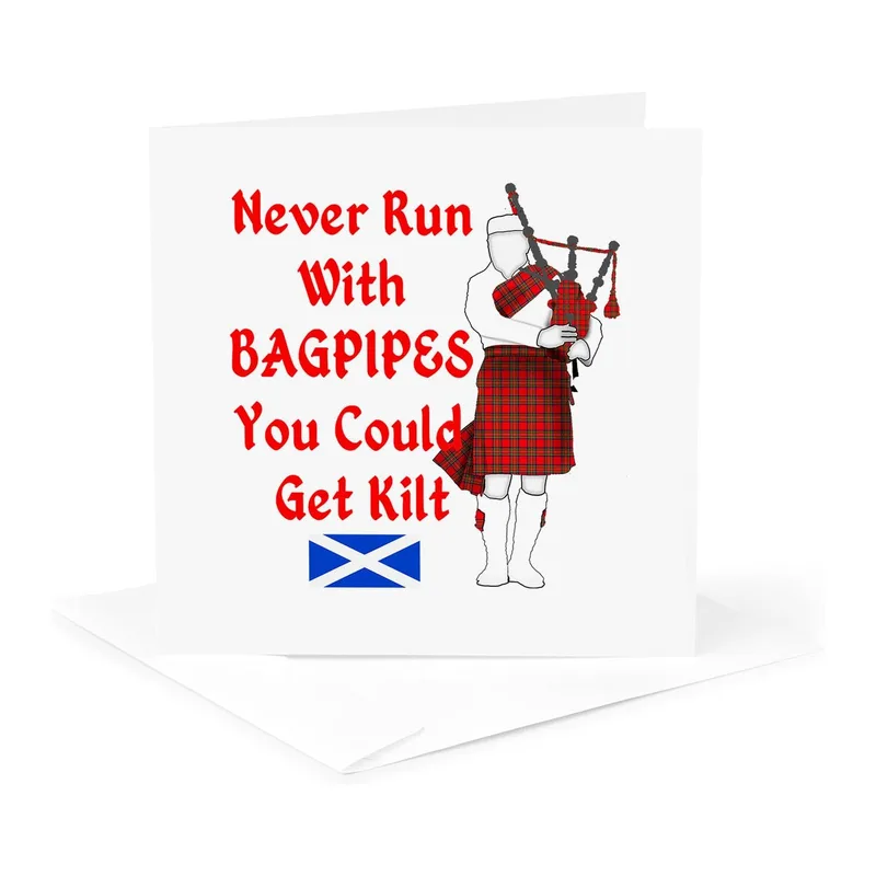 Red Text Bagpiper Cartoon Card: A Funny Scottish Pun Greeting