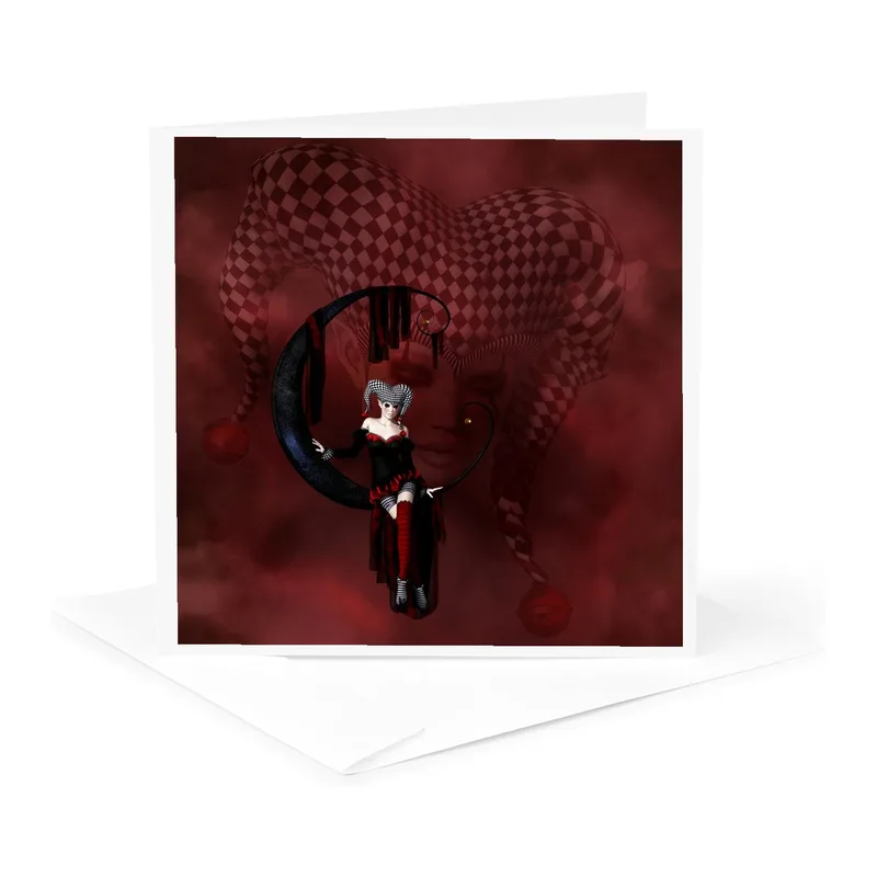 Red Gothic Harlequin Moon Card: A Darkly Whimsical Thank You Note