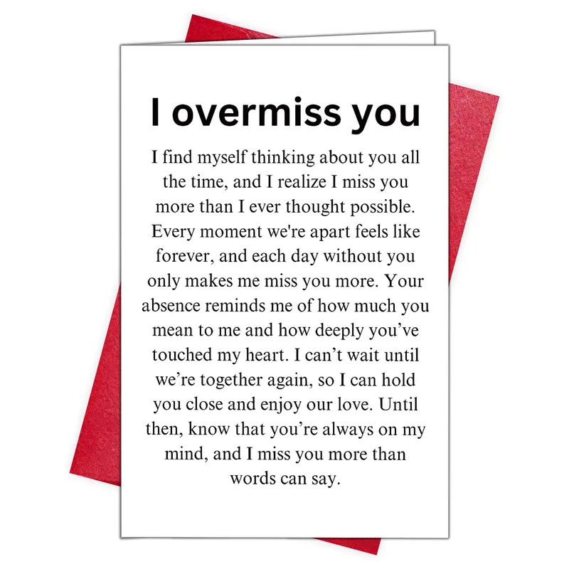 White Poem Card Miss You Card – I overmiss you poem card with red envelope – Greeting Card in natural
