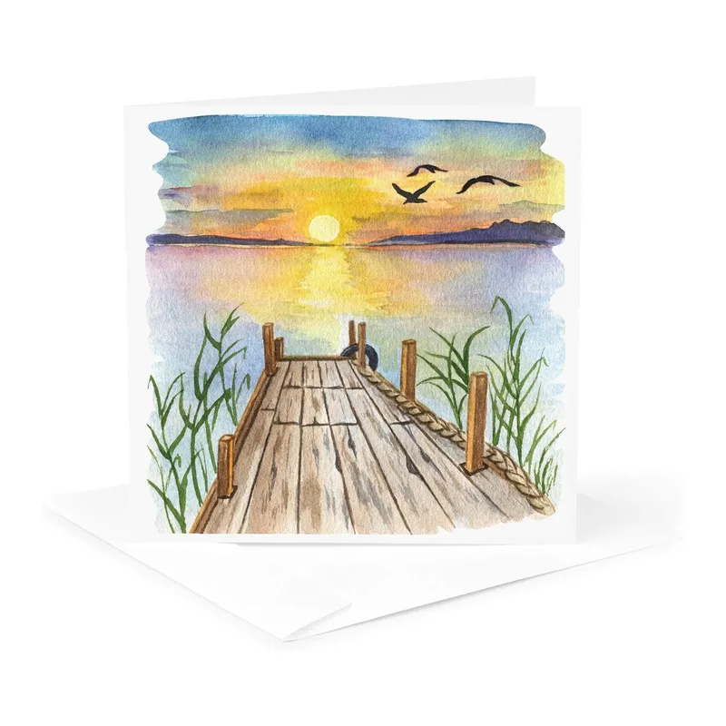 Watercolor Sunset Lake Pier Card for Peaceful Moments