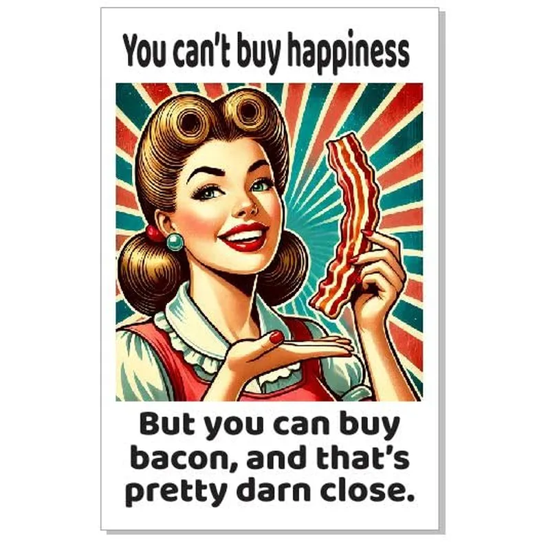 Retro Woman Holding Bacon Card: A Funny Greeting for Bacon Lovers