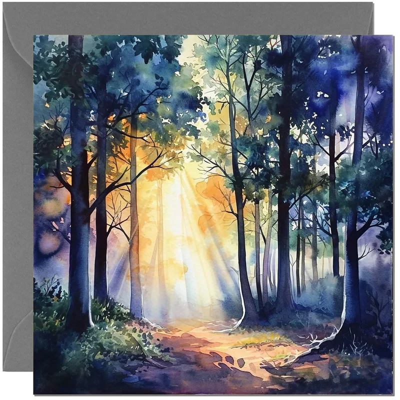 Watercolor Forest Sunrise Card: A Serene Woodland Scene