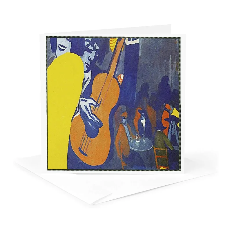 Blue Yellow Guitar Painting Card for Art Lovers