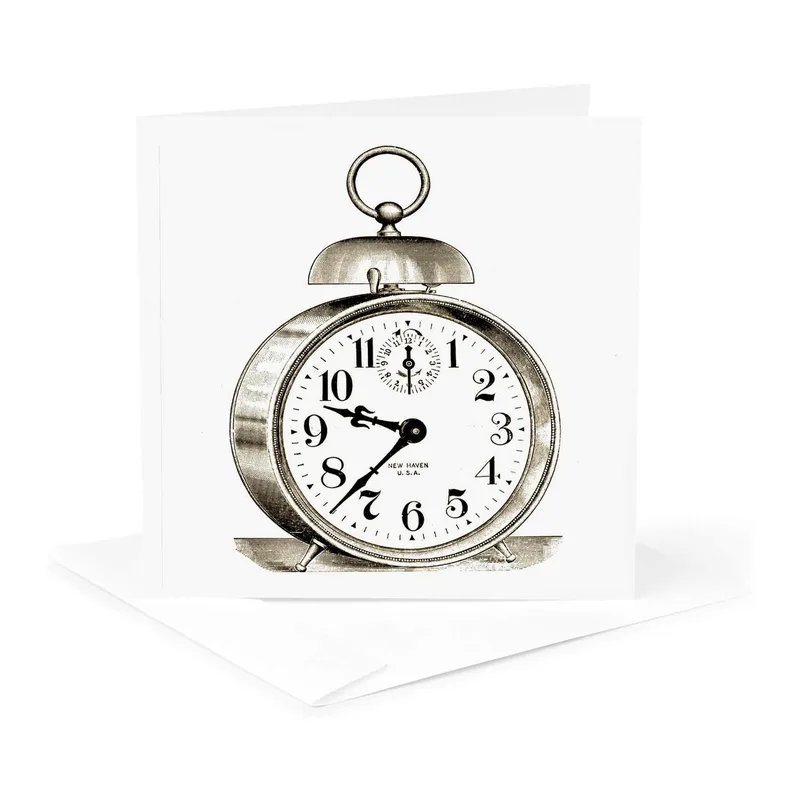Silver Vintage Alarm Clock Card – Vintage twin-bell alarm clock illustration with ornate hands – Greeting Card in natural