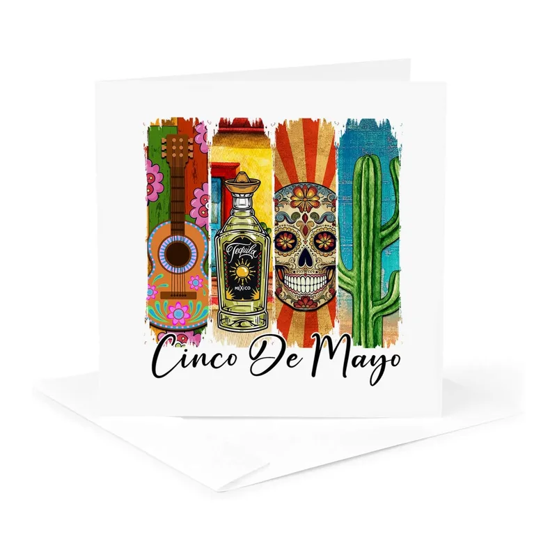 Colorful Mexican Panels Skull Card featuring a guitar