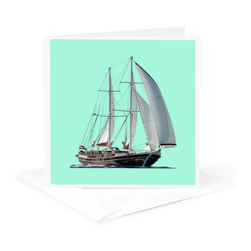 Sailboat on Mint Card – Wooden gulet sailing ship with white sails on mint background – Greeting Card in natural