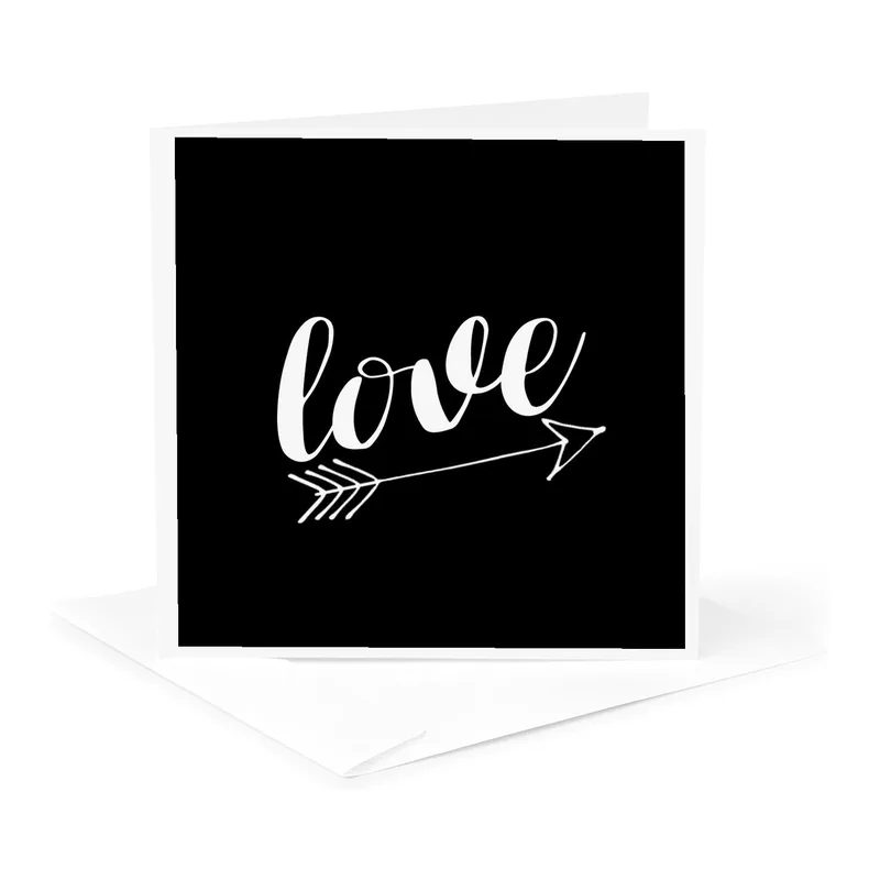 White Script Black Love Card: Cursive Design with Arrow