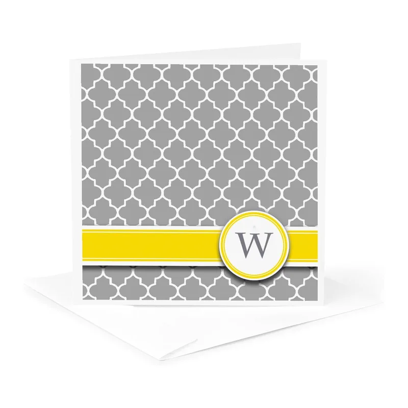 Gray Quatrefoil Yellow Monogram Card with Letter W Design