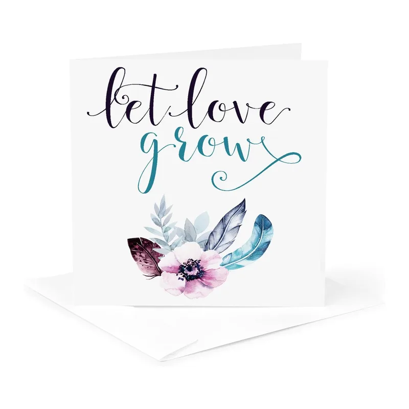 Script Flowers Feathers Love Card: Let Love Grow Design