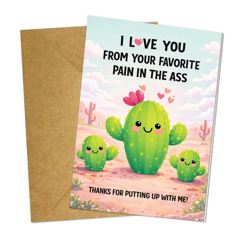 Cactus Family Pink Love Card features a smiling cactus