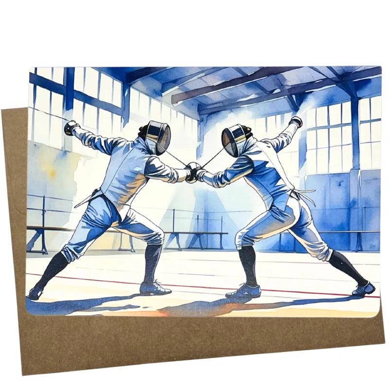 Blue Fencing Duel Watercolor Card for the Sporty Thank You
