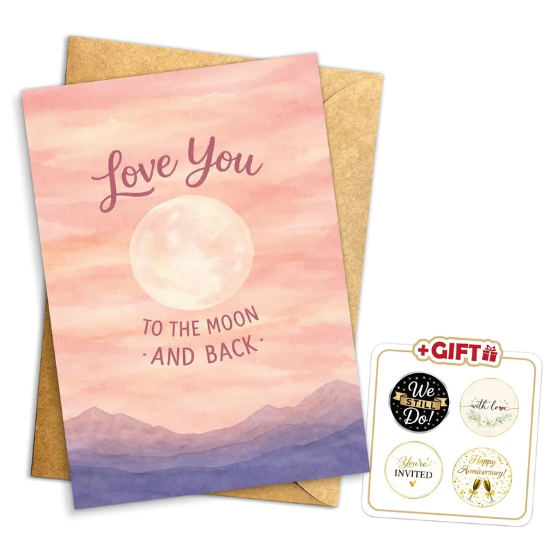 Sunset Mountains Moon Love Card: A Romantic Watercolor Design