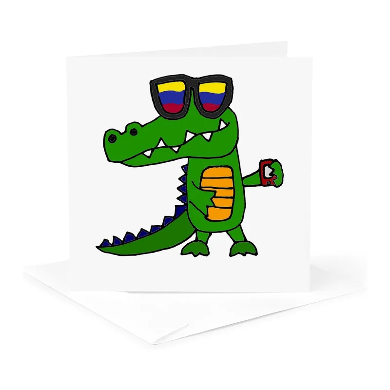 Green Cartoon Alligator Card: Cool Reptile with Flag Sunglasses