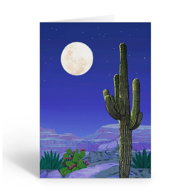 Saguaro Cactus Under Moon Card: Desert Night Art