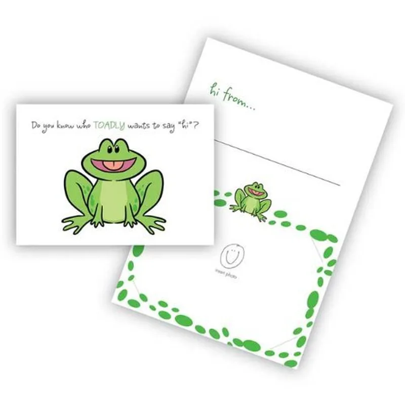 Frog with Dotted Border Card – Smiling green frog next to text asking who Toadly wants to say hi – Greeting Card in natural