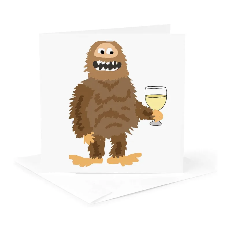 Brown Bigfoot with Wine Card: A Fuzzy Friend Holding a Glass