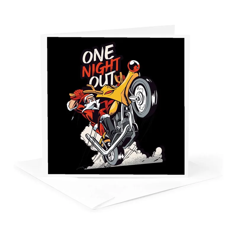 Black Motorcycle Rider Graphic Card: One Night Out Santa Design