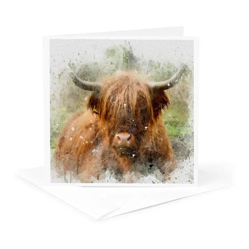 Brown Watercolor Highland Cow Card: Shaggy Art for Livestock Lovers