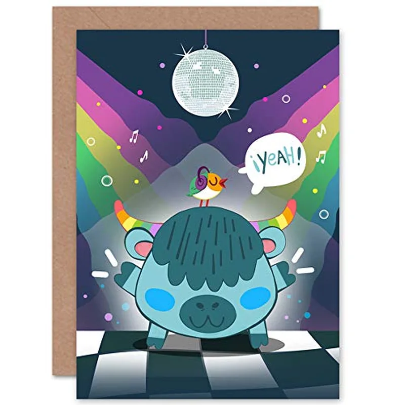 Cow Disco Party Scene Card: A Kawaii Cow Dancing Under a Mirror Ball