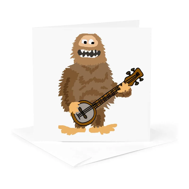 Brown Bigfoot with Banjo Card: A Furry Folk Musician