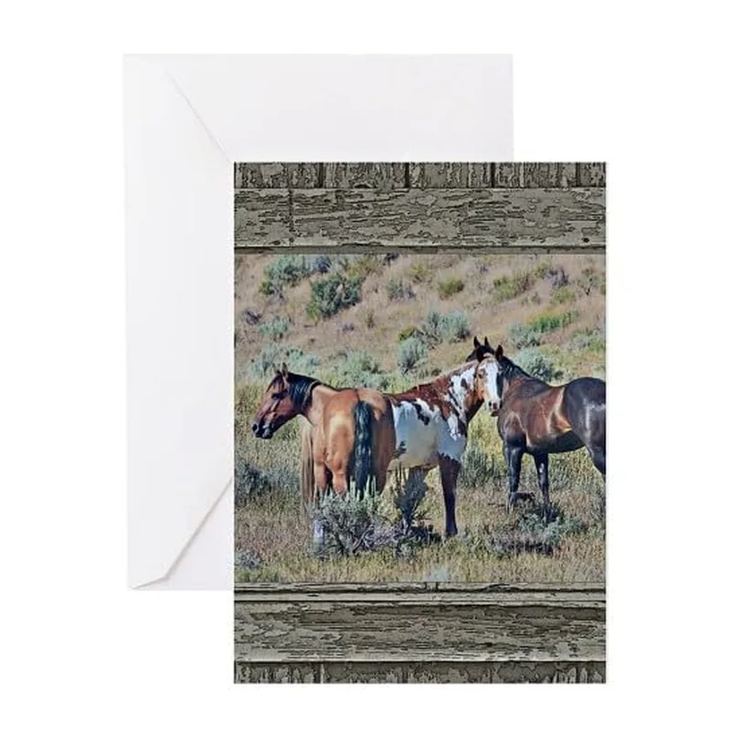 Horses Behind Weathered Wood Card for Wild Horse Lovers