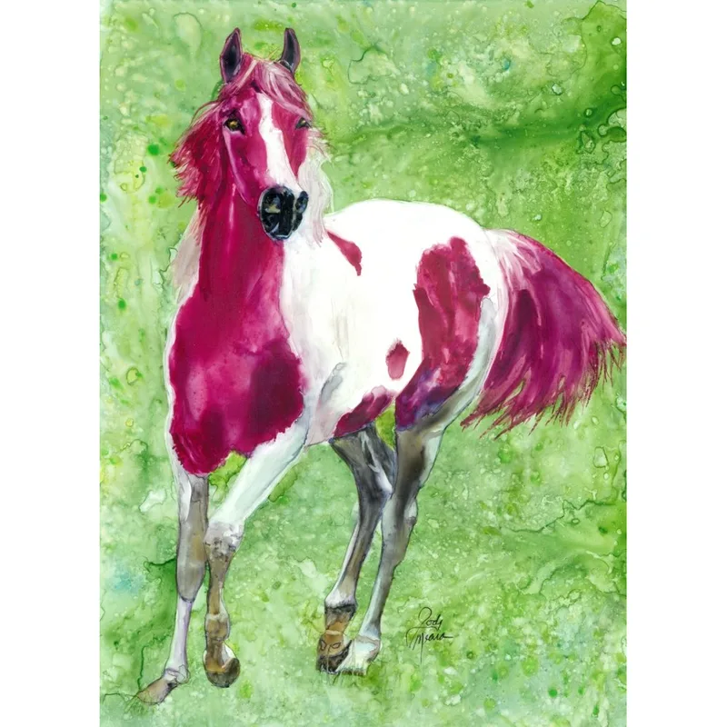 Magenta Pinto Horse Painting Card: A Watercolor Equestrian Gift