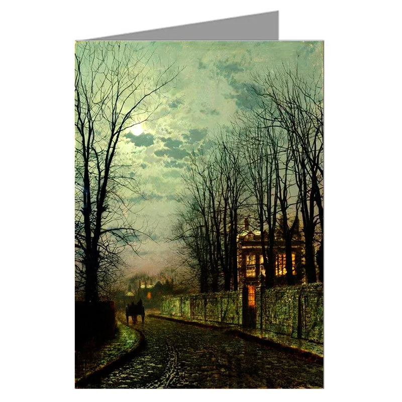 Moonlit Victorian Street Painting Card: A Wintry Moon Scene