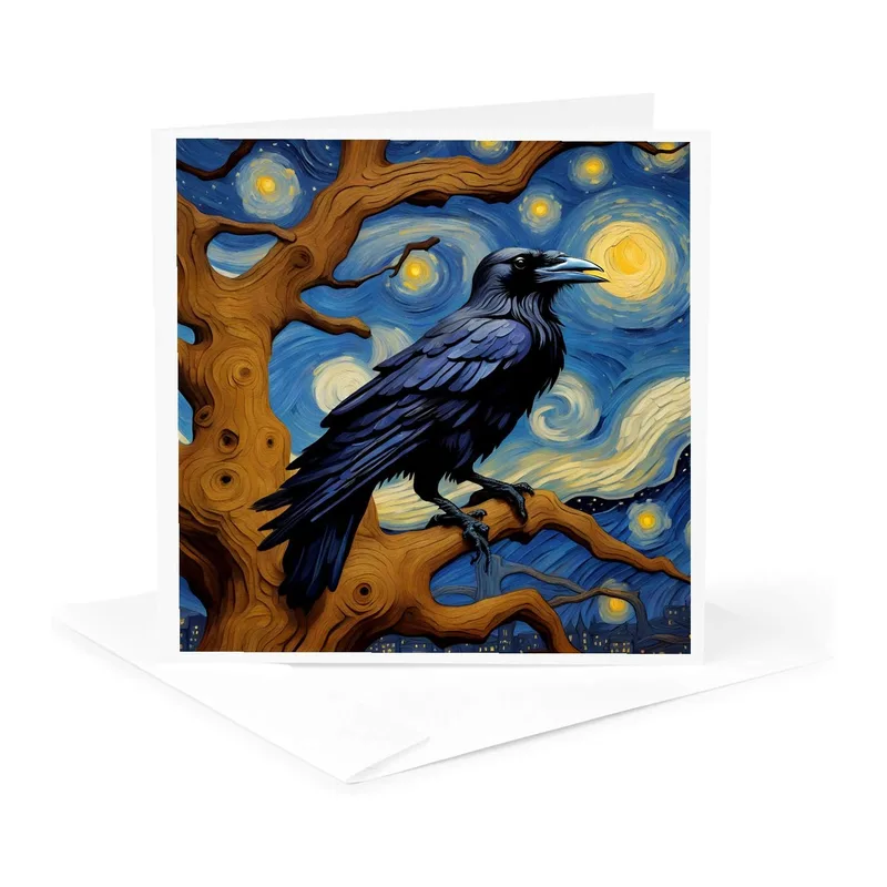 Starry Night Raven Card: A Gilded Bird on a Twisting Branch