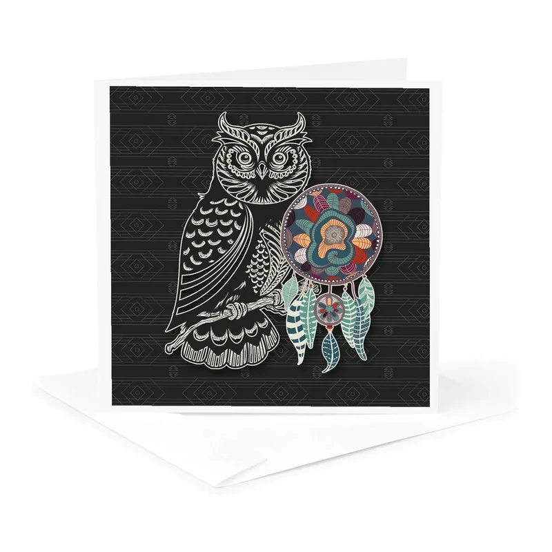 Black Owl with Dreamcatcher Card: A Stylized Great Horned Owl Design