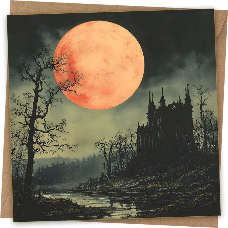 Orange Moon Gothic Castle Card: Spooky Silhouette Art