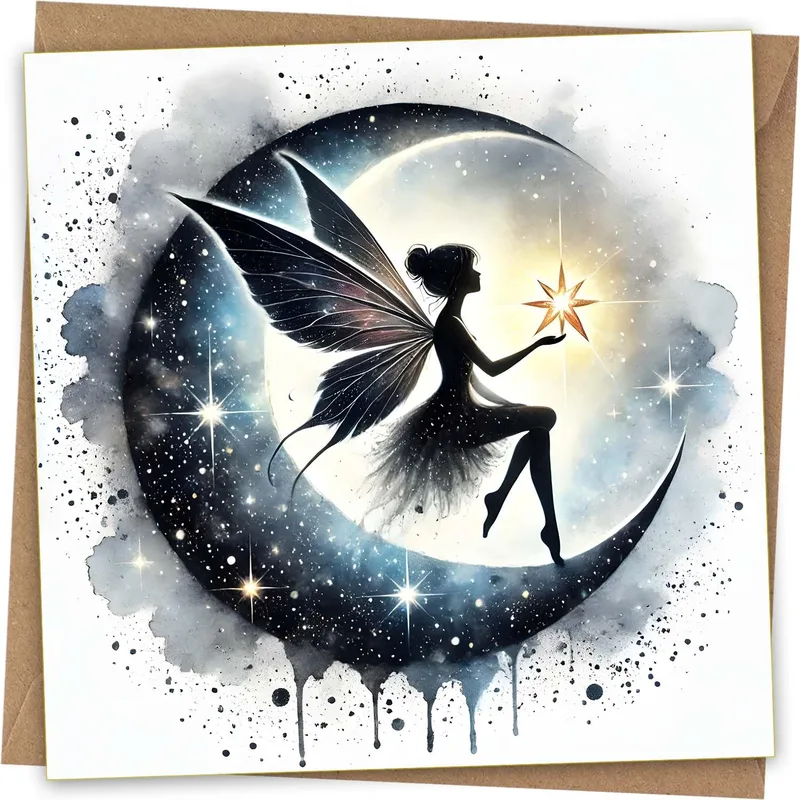 Silhouette Fairy on Moon Card: A Whimsical Night Sky Design