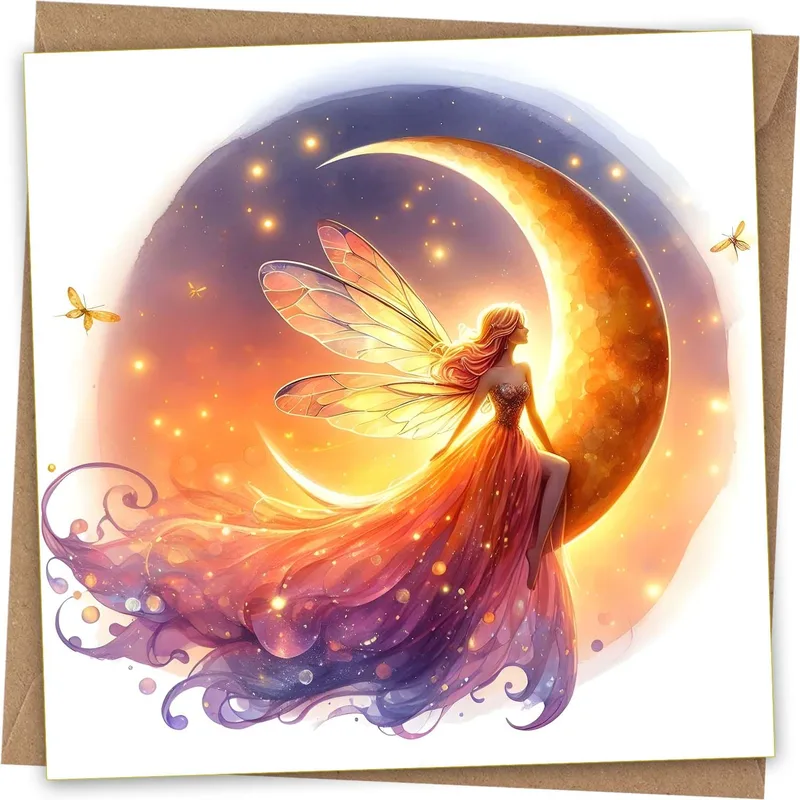 Orange Fairy Golden Moon Card: A Whimsical Fantasy Greeting