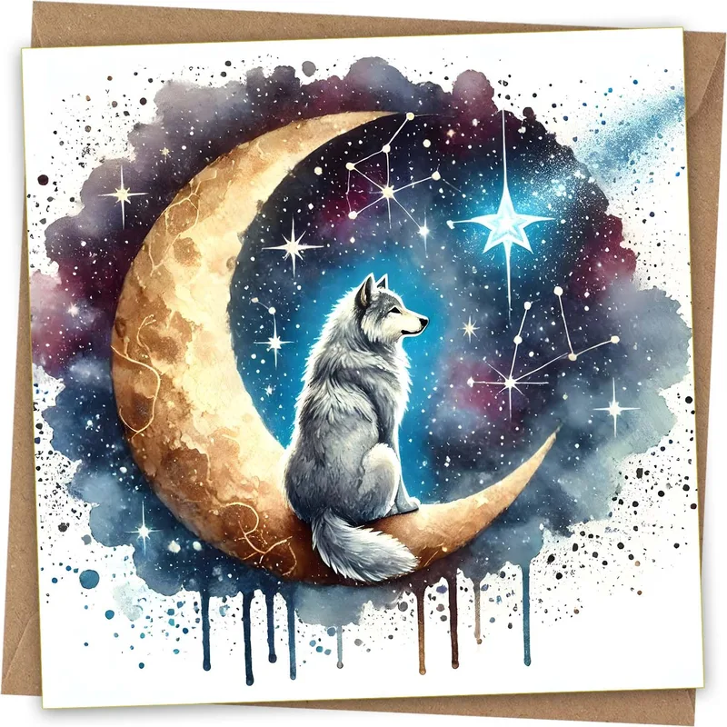 Wolf on Galaxy Moon Card: A Watercolor Wolf Sitting on a Crescent