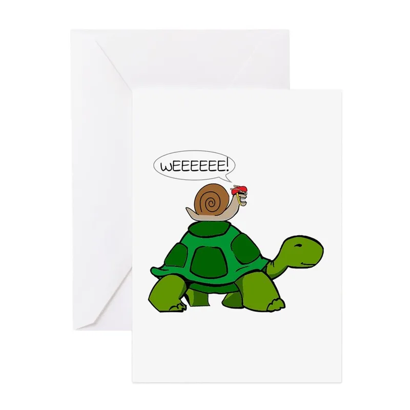 Green Turtle with Snail Card: A Funny Greeting for Slow Pokes