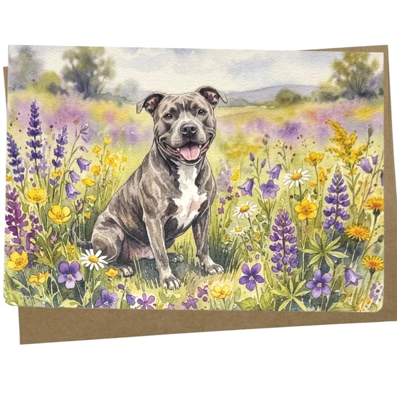 Pitbull Among Wildflowers Card: A Watercolor Tribute to a Happy Dog