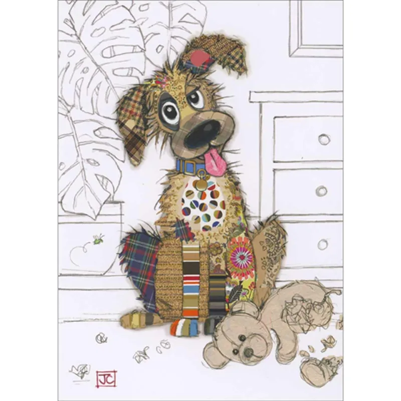 Patchwork Dog with Toy Card: A Quilted Mutt with a Teddy Bear