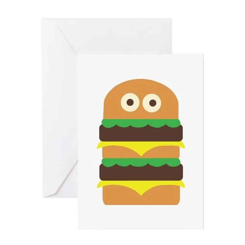 Smiling Cartoon Hamburger Card – Double cheeseburger with googly eyes on top bun – Greeting Card in natural