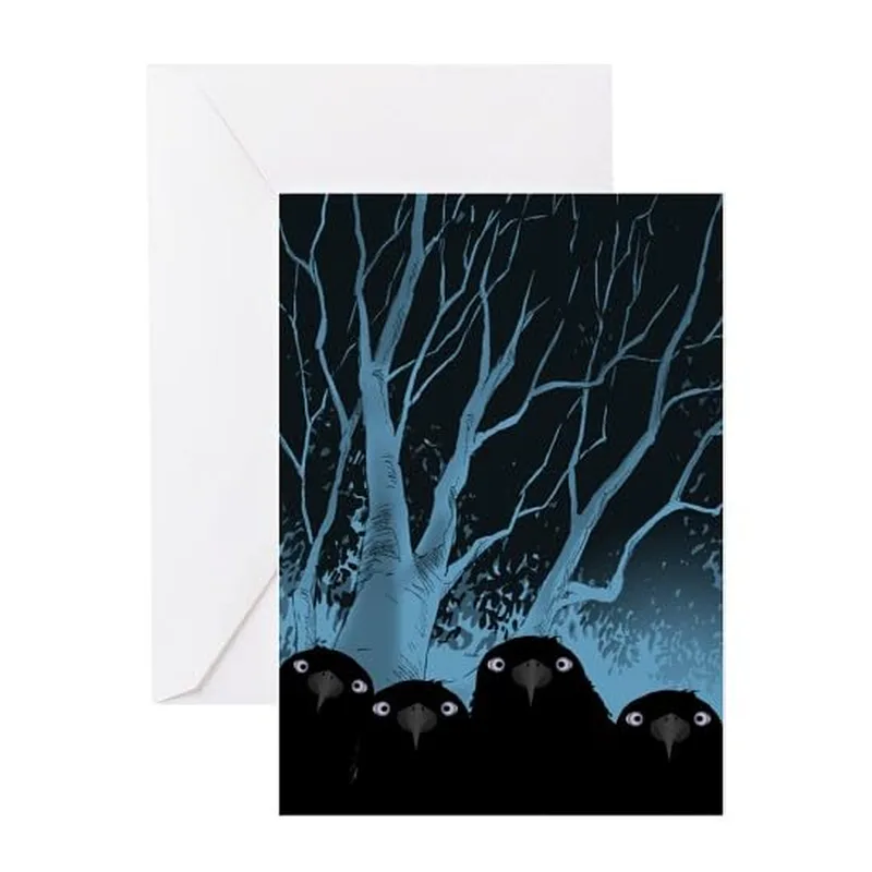 Blue Trees Black Crows Card for Spooky Thank You Notes