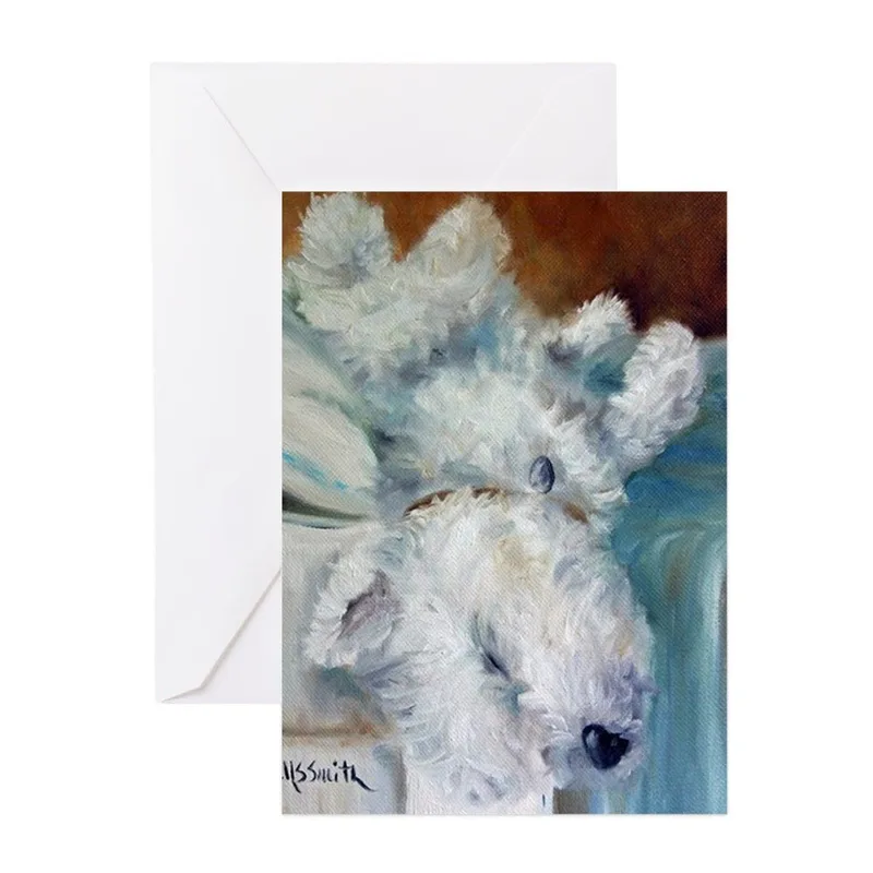 White Fluffy Dog Card Featuring a Sleeping Canine Painting
