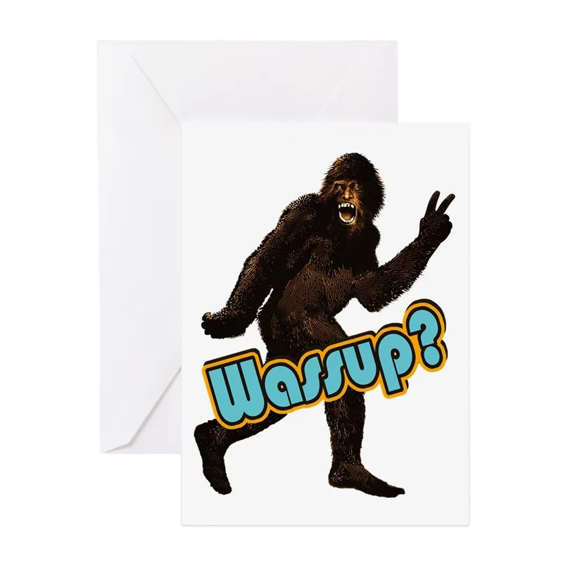 Bigfoot Peace Sign Cartoon Card: Wassup Greeting for Sasquatch Fans
