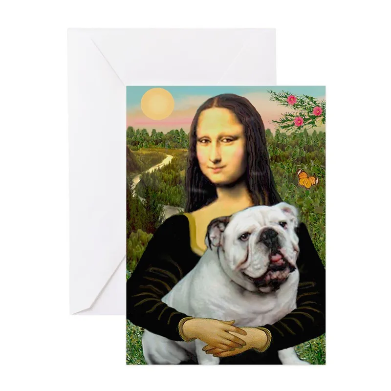Mona Lisa Holding Bulldog Card: A Whimsical Art Parody