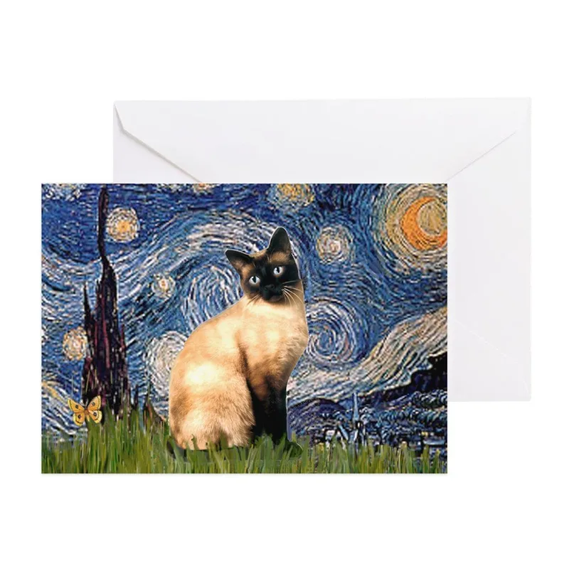 Siamese Cat Painting Card: Starry Night Feline Art
