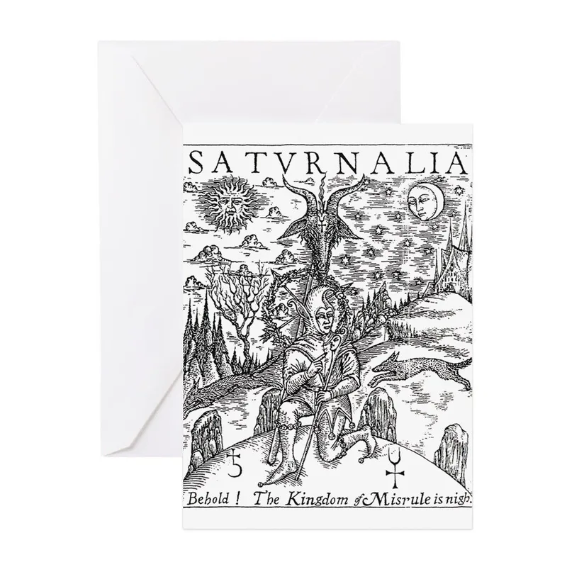 Black and White Engraving Card: Saturnalia Misrule Greeting