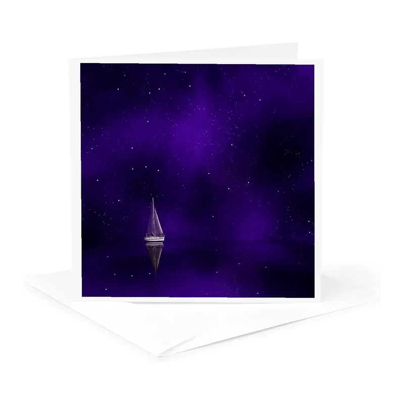 Purple Starry Night Sky Card: A Sailboat Under Purple Nebulas