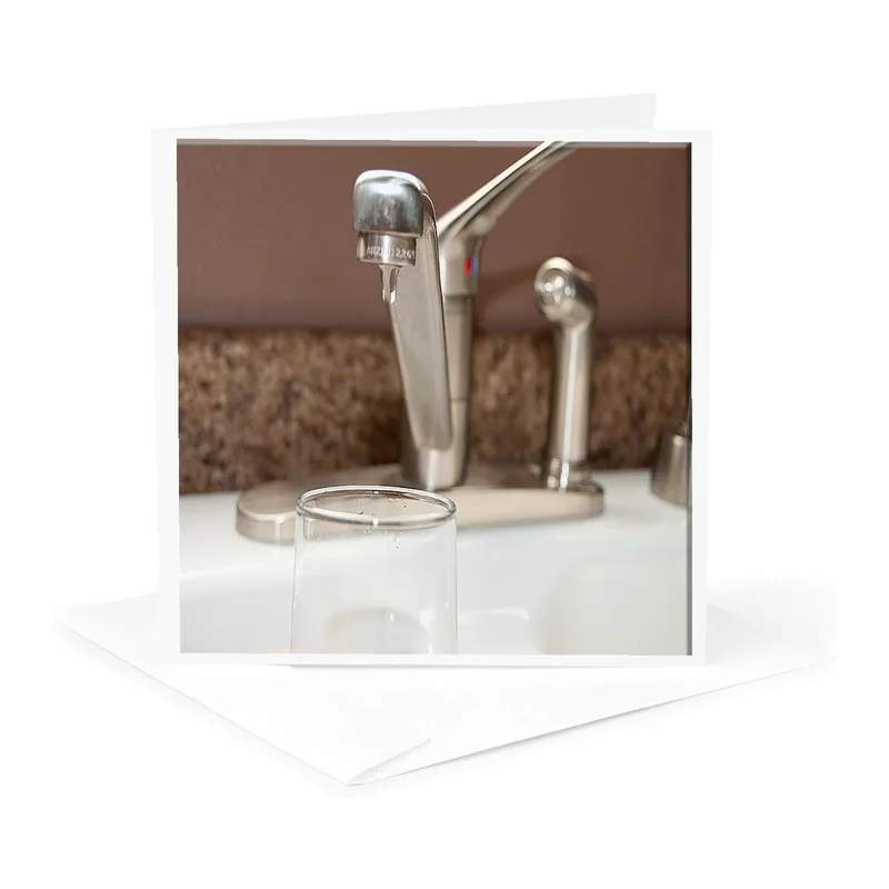 Silver Faucet Over Glass Card: A Humorous Take on Daily Hydration