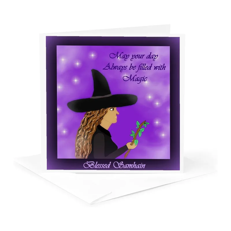Witch on Purple Background Card: A Spellbinding Samhain Greeting