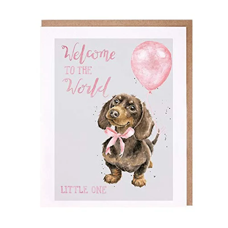 Dachshund Pink Balloon New Baby Card for a Sweet Welcome