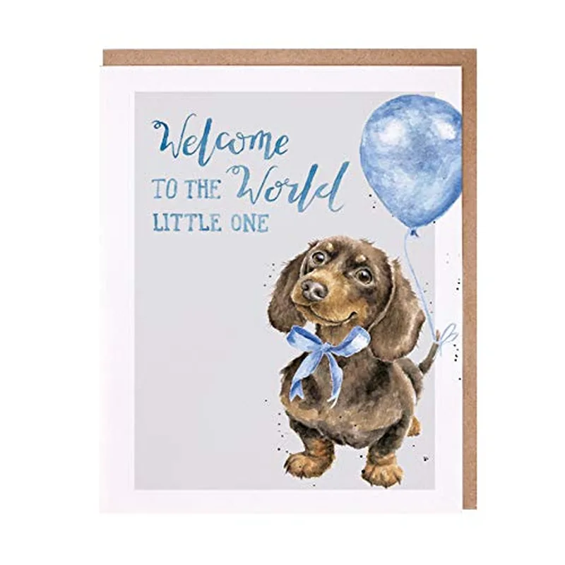 Dachshund Blue Balloon New Baby Card – Greeting Card in natural