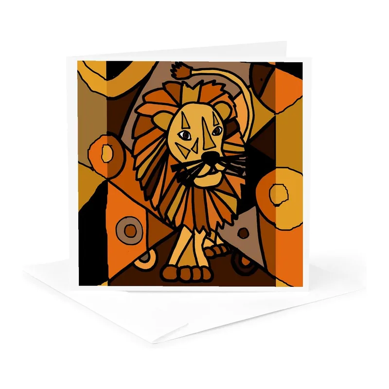 Abstract Orange Lion Art Card: Geometric Prowling Design
