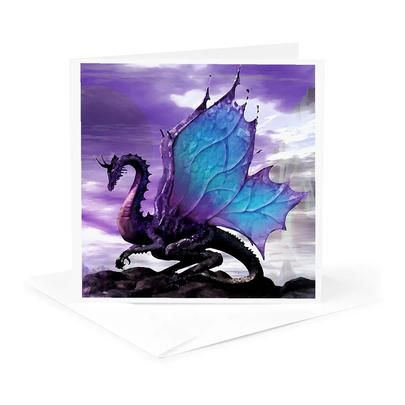 Fairytale Dragon Blue Winged Card: A Mythical Creature on Purple Skies